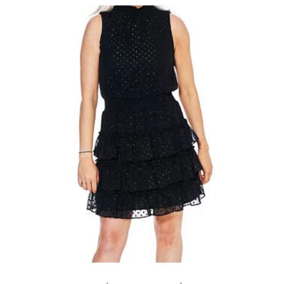 1.STATE Sleeveless Mock Neck Polka-Dot Dress With Ruffled Tiered Skirt Size L - Picture 1 of 11